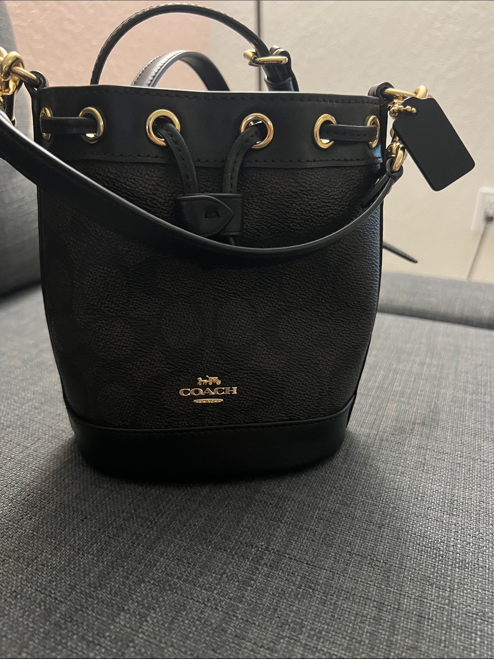 Coach Black Leather Signature Mini Drawstring Bucket Bag with Gold Hardware